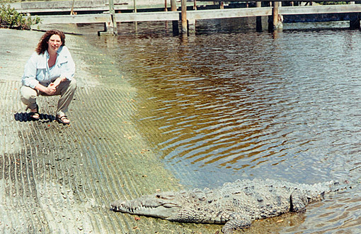 Daughter Brenda with crocodile, not alligator, at put-in in Flamingo
